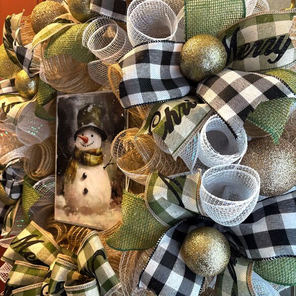 Vintage Snowman Deco Mesh Christmas Wreath - 24" - Picture 2 of 4